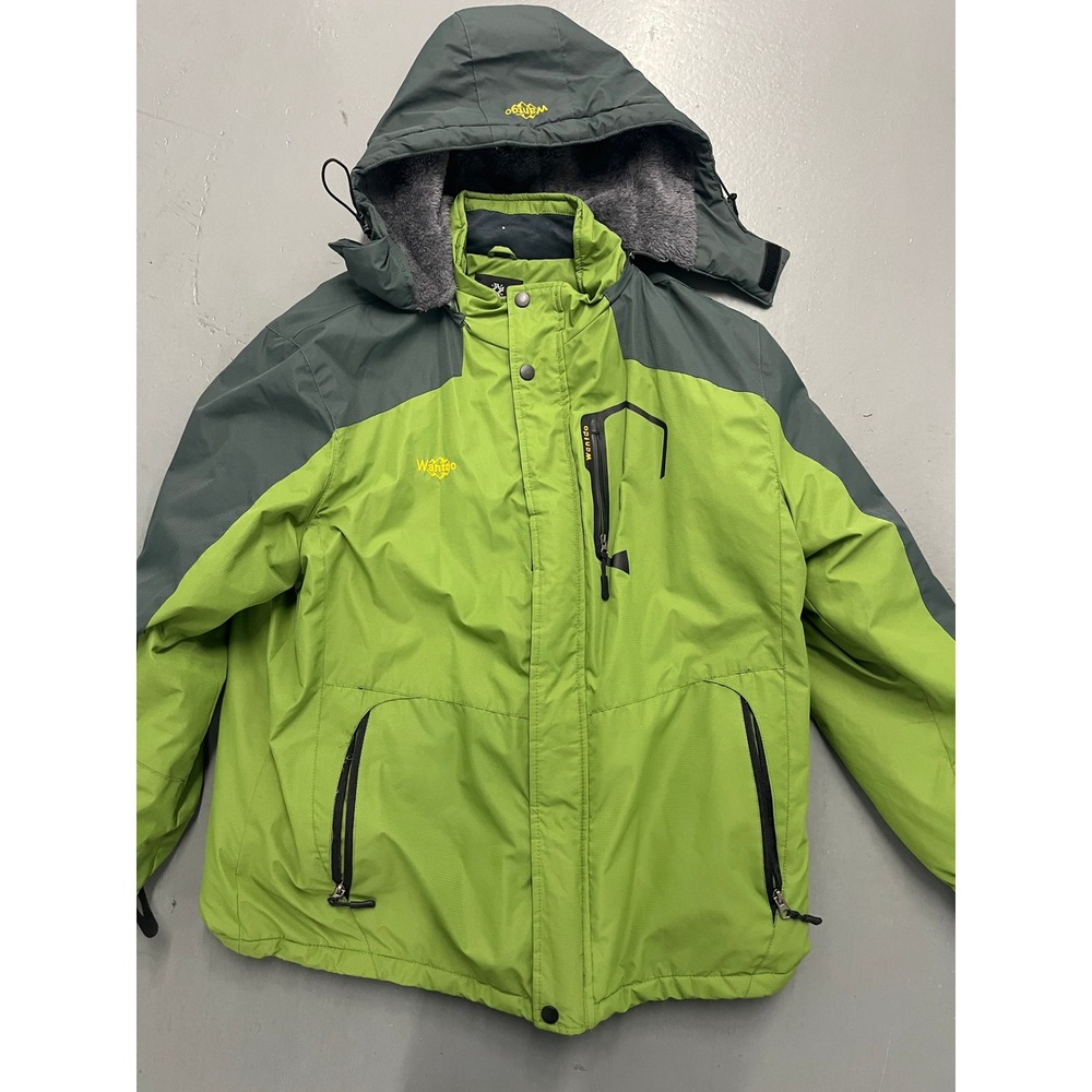 Wantdo Mens Mountain Waterproof Ski Jacket Green Gray Fleece Lined Hooded XL